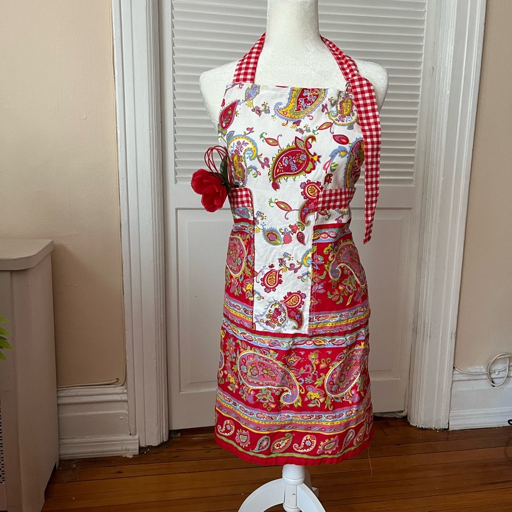 Red Paisley Apron with Gingham Straps